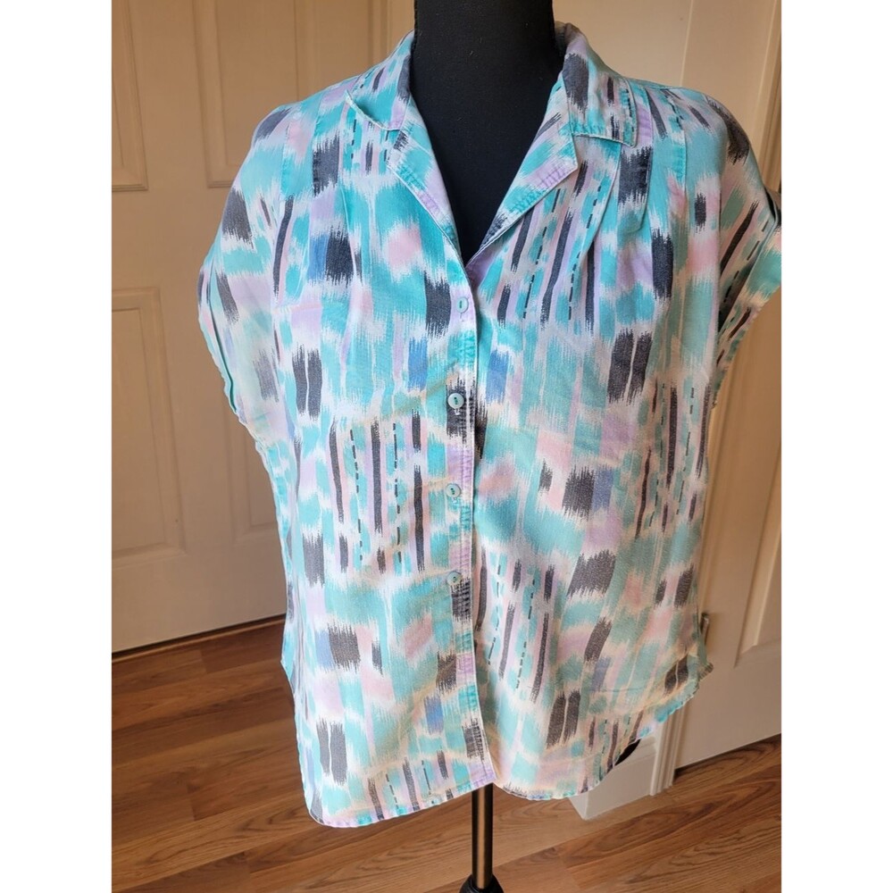 Vintage 90s Pastel Abstract Ikat Brushstroke Short Sleeve Button Down Blouse L